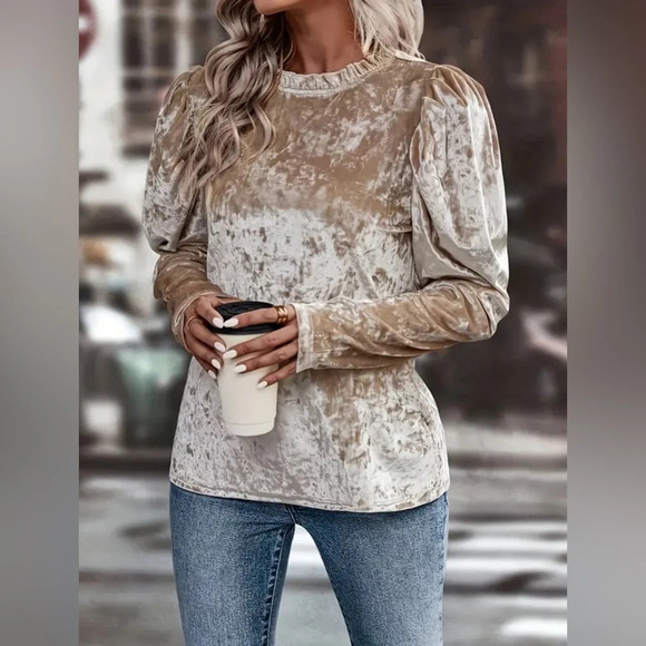 NWT- Crushed Velvet Ruffle Neck Top - Picture 2 of 4